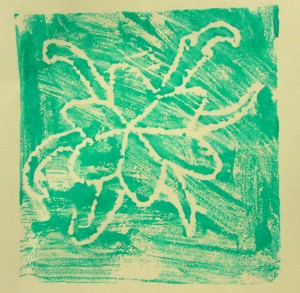 Green relief print from children's art school