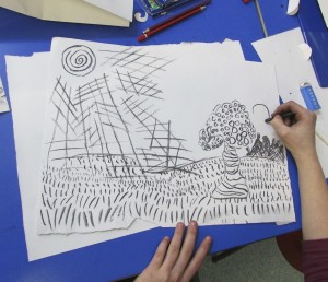 An imaginary landscape using different kinds of line to create texture in children's art school 3D drawing half term workshop