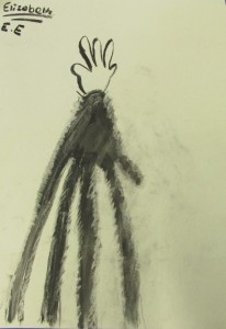 Quick charcoal sketch of a hand casting a shadow at the children's art school holiday art workshop