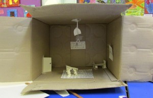 A cardboard box room created at the children's art school 3D drawing half term workshop with artist, Chrys Allan