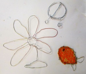 Wire drawings inspired by nature on the children's art school half term printmaking course, led by Chrys Allan