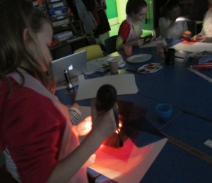 Children exploring colour in painting at Children's Art School holiday course led by artist, Karen Logan