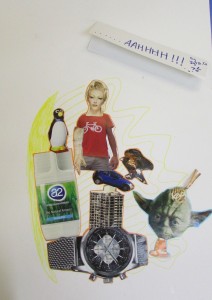 Collage exercise from sculpture course using everyday objects by artist Karen Logan at the Children's Art School 