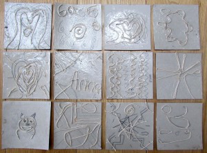 relief print blocks with organic patterns made at the Children's Art School after school club led by artist, Karen Logan